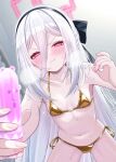  1girl all_fours bikini black_hairband blue_archive blush breasts closed_mouth commentary_request from_below fukemachi gold_bikini hair_between_eyes hairband halo haniwa_(statue) highres holding kei_(blue_archive) long_hair long_hair_between_eyes looking_at_viewer navel pink_eyes pink_halo rectangular_halo ringed_eyes sidelocks small_breasts smile solo sweat swimsuit very_long_hair white_hair 