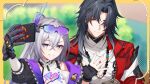  1boy 1girl armor bead_necklace beads black_gloves black_hair black_jacket blade_(honkai:_star_rail) blue-framed_eyewear cellphone chinese_clothes closed_mouth commentary earrings eyewear_on_head fingerless_gloves gloves gradient_hair grey_eyes grey_hair highres holding holding_phone honkai:_star_rail honkai_(series) jacket jewelry long_hair long_sleeves looking_at_viewer mortenax_blade_(honkai:_star_rail) multicolored_hair necklace phone pochimaru_(marumaru_wanwan) ponytail purple-framed_eyewear purple_hair red_jacket selfie shirt silver_wolf_(honkai:_star_rail) silver_wolf_(lv.999)_(honkai:_star_rail) single_earring smartphone smile tassel tassel_earrings teeth white_shirt yellow_eyes 