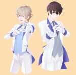  2boys :d ;d akiyama_rentarou antenna_hair ascot black_hair black_necktie blue_jacket blue_shirt blue_vest brooch brown_hair closed_mouth collared_shirt commentary_request contrast_lapels cropped_legs glasses gloves grey_vest hair_between_eyes hand_on_own_chest himashokudo_channel jacket jewelry lapels long_sleeves looking_at_viewer makita_himaru male_focus multiple_boys necktie notched_lapels offering_hand official_art one_eye_closed pants popped_collar psmania0ema-otamesi purple_eyes rectangular_eyewear romeo_(vocaloid) shirt simple_background sleeve_cuffs smile standing suit_jacket symmetrical_pose tie_clip two-sided_fabric two-sided_jacket vest virtual_youtuber white_ascot white_gloves white_jacket white_pants yellow_background yellow_eyes 