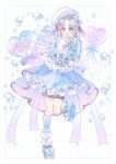  1girl :o absurdres arm_warmers balloon belt blue_arm_warmers blue_dress blue_hair blue_shoes blue_socks blush border commentary_request dress frilled_dress frills full_body grid_background hair_ribbon hand_up hat heart_balloon highres index_finger_raised kneehighs leg_up long_hair looking_at_viewer muto_095 open_mouth original parted_bangs purple_ribbon ribbon shoes short_dress short_sleeves socks solo standing standing_on_one_leg striped_clothes striped_socks thigh_belt thigh_strap twintails vertical-striped_clothes vertical-striped_socks white_background white_border white_hat 