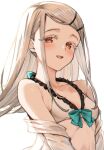  1girl bare_shoulders bikini bikini_top_only blonde_hair blush breasts collarbone commentary_request frilled_bikini frills gakuen_idolmaster grey_hair idolmaster koretsuki_azuma long_hair off_shoulder red_eyes shinosawa_hiro small_breasts solo swimsuit upper_body 