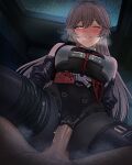  1boy 1girl :d ;d art_undertaker assertive_female black_bodystocking black_groza_(girls'_frontline_2) blush boots breasts brown_hair clothed_female_nude_male clothed_sex commander_(girls'_frontline) cowgirl_position english_commentary from_below girl_on_top girls'_frontline girls'_frontline_2:_exilium grin hair_between_eyes hetero highleg highres long_hair looking_at_viewer looking_down medium_breasts nude one_eye_closed orange_eyes ots-14_(girls'_frontline) penetration_through_clothes penis pussy_juice pussy_juice_drip_through_clothes skin_tight smile solo_focus spread_legs straddling thigh_boots thighs uncensored vaginal very_long_hair yellow_eyes 