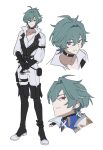 1boy ahoge armor belt belt_collar black_belt black_gloves blue_shirt buttons choker collar collarbone collared_shirt earrings fingerless_gloves full_body genshin_impact gloves green_hair grin hair_between_eyes hair_intakes hand_on_own_arm highres jewelry lapels lohen_(genshin_impact) lohen_(standardized_test)_(genshin_impact) looking_at_viewer looking_to_the_side male_focus mole mole_under_eye multicolored_eyes official_alternate_costume open_collar pants pinstripe_pattern pinstripe_vest shirt short_hair shoulder_armor single_earring smile solo standing udeudede upper_body vest waistcoat white_background white_pants white_shirt 