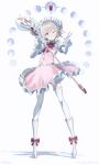  1girl absurdres bloomers blue_eyes boots bow bow_legwear bowtie commentary_request footwear_bow frilled_skirt frills full_body glove_bow gloves highres holding holding_staff looking_at_viewer magical_girl maid_headdress one_eye_closed orb original pink_skirt puffy_sleeves red_bow red_bowtie shirt short_hair short_sleeves simple_background skirt smile solo staff standing swav thighhighs underwear v w white_background white_bloomers white_boots white_gloves white_shirt white_thighhighs 
