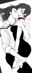  1boy 1girl ace_attorney alternate_costume apollo_justice blush couple dress grey_background hetero highres hug kiss kissing_neck korean_text long_hair lying monochrome on_back on_person panties panty_pull short_hair sideways sleeves_rolled_up spot_color translation_request trucy_wright underwear yamnyam_m 