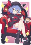  1girl alt_text alternate_color ascot back_bow bat_wings bespectacled black_boots black_hat black_shirt black_skirt bloomers blue_hair blush boots bow brooch character_doll closed_mouth collared_shirt commentary_request commission couch crossed_legs doll flandre_scarlet frilled_shirt_collar frilled_skirt frilled_wrist_cuffs frills glasses green-framed_eyewear hat hat_ribbon highres jewelry looking_at_viewer masakamea mob_cap name_tag on_couch puffy_short_sleeves puffy_sleeves red_ascot red_bow red_eyes red_wrist_cuffs remilia_scarlet remilia_scarlet_(tiny_devil_mistress) ribbon second-party_source shirt short_sleeves sitting skeb_commission skirt sleeve_bow smile smug solo sparkle touhou touhou_lostword white_bloomers wings wrist_cuffs 
