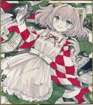  1girl apron bell book checkered_clothes checkered_kimono closed_mouth clothes_writing commentary_request frilled_sleeves frills hair_bell hair_ornament hajike_akira highres japanese_clothes jingle_bell kimono long_sleeves looking_at_viewer marker_(medium) motoori_kosuzu neck_ribbon red_kimono red_ribbon ribbon scroll shikishi short_hair smile solo touhou traditional_media two_side_up white_kimono wide_sleeves 