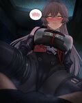  1boy 1girl arms_behind_back art_undertaker assertive_female black_bodystocking black_groza_(girls'_frontline_2) blush boots breasts brown_hair commander_(girls'_frontline) english_commentary from_below girl_on_top girls'_frontline girls'_frontline_2:_exilium hair_between_eyes half-closed_eyes hetero highleg highres indoors knee_up long_hair looking_at_viewer looking_down medium_breasts orange_eyes ots-14_(girls'_frontline) pov skin_tight solo_focus spoken_blush spread_legs squatting thigh_boots thighs very_long_hair yellow_eyes 