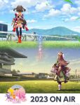  2023 2girls absurdres animal_ears artist_request black_hair black_thighhighs boots braid brown_hair copyright_name copyright_notice cropped_jacket detached_sleeves frilled_sleeves frills from_behind green_jacket green_skirt half_up_braid highres horse_ears horse_girl horse_racing_track horse_tail jacket key_visual kitasan_black_(gilded_shrine_to_glory)_(umamusume) kitasan_black_(umamusume) long_hair long_skirt long_sleeves multiple_girls official_art orange_boots outdoors promotional_art satono_diamond_(natural_brilliance)_(umamusume) satono_diamond_(umamusume) skirt sleeves_past_fingers sleeves_past_wrists tail thighhighs two_side_up umamusume wide_shot 