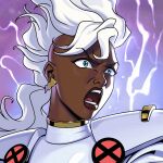  1girl black_hair commentary dark-skinned_female dark_skin earrings english_commentary jewelry lightning_bolt_earrings lightning_bolt_symbol long_hair marvel mohawk nuri_durr open_mouth portrait solo storm_(x-men) teeth very_dark_skin white_hair x-men 
