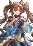  1girl :d absurdres angelina_(arknights) animal_ear_fluff animal_ears arknights arknights:_endfield bare_shoulders blue_dress blue_jacket blue_thighhighs bracelet breasts brown_hair chinese_commentary commentary diamond-shaped_pupils diamond_(shape) double-parted_bangs dress flower flower_knot four-finger_heart_hands fox_ears fox_girl gilberta_(arknights) gilberta_(lawson)_(arknights) hair_between_eyes hair_ornament hair_ribbon heart heart_hands heart_in_heart_hands high_collar highres infection_monitor_(arknights) jacket jewelry lawson long_hair long_sidelocks long_sleeves looking_at_viewer making-of_available off_shoulder official_alternate_costume one_eye_closed red_eyes red_ribbon ribbon sidelocks simple_background sleeveless sleeveless_dress small_breasts smile solo symbol-shaped_pupils tassel tassel_hair_ornament thighhighs tongyu twintails very_long_hair white_background wide_sleeves yellow_flower zettai_ryouiki 