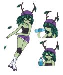  1girl adventure_time alternate_costume antlers black_tank_top bottle breasts closed_eyes colored_sclera colored_skin dolphin_shorts domino_mask eye_mask full_body green_eyes green_hair green_sclera green_skin helmet highres holding holding_bottle horns huntress_wizard inline_skates knee_pads leaf looking_at_viewer mask plant_hair plastic_bottle purple_helmet purple_shorts roller_skates short_shorts shorts simple_background skates skating sunny_meel tank_top water_bottle 