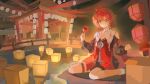  1girl absurdres ahoge architecture black_bodysuit bodysuit candy_apple chinese_commentary clothing_cutout collar commentary_request danjin_(wuthering_waves) earrings east_asian_architecture fishprince19 food hair_intakes highres holding holding_candy_apple holding_food hoop_earrings jewelry lantern long_sleeves no_gloves paper_lantern red_hair red_tabard short_hair shoulder_cutout sitting solo tabard wariza white_collar wuthering_waves 