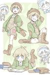  1boy arm_behind_head arm_up bag basil_(birthday)_(omori) basil_(faraway)_(omori) basil_(omori) blonde_hair blue_eyes blush book boots brown_bag brown_boots brown_hat brown_overalls cardigan chibi closed_mouth collared_shirt commentary double-parted_bangs green_cardigan hair_between_eyes hat highres leaf long_sleeves looking_at_viewer lying male_focus newsboy_cap official_alternate_costume omori on_stomach one_eye_closed open_book open_cardigan open_clothes open_mouth overall_shorts overalls pofudonn_art pout reading shirt short_hair sidelocks smile solo sweatdrop teeth unworn_headwear upper_teeth_only white_shirt 