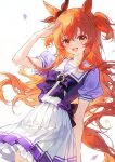  1girl animal_ears blush bow bowtie brown_ribbon commentary ear_ribbon hair_between_eyes horse_ears horse_girl horse_tail long_hair looking_at_viewer mayano_top_gun_(umamusume) niim open_mouth orange_eyes orange_hair orange_tail pleated_skirt puffy_short_sleeves puffy_sleeves purple_bow purple_bowtie purple_shirt ribbon sailor_collar sailor_shirt salute school_uniform shirt short_sleeves skirt smile solo tail tracen_school_uniform two_side_up umamusume untranslatable_commentary white_sailor_collar white_skirt 