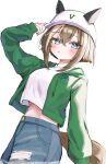  1girl animal_ears arm_up blue_eyes blush breasts bright_pupils brown_hair cheval_grand_(umamusume) commentary_request cowboy_shot crop_top crop_top_overhang cropped_shirt denim denim_shorts ear_covers green_jacket grey_shorts hair_between_eyes hat highres hood hood_down hooded_jacket horse_ears horse_girl horse_tail jacket long_sleeves looking_at_viewer maruno_zzz midriff navel open_clothes open_jacket peaked_cap shirt short_hair short_hair_with_long_locks shorts sidelocks simple_background solo tail torn_clothes torn_shorts umamusume white_background white_hat white_shirt zozotown 