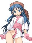  1girl :o blue_eyes blue_hair blush_stickers commentary coon_hat cowboy_shot fur-trimmed_mittens fur_trim gin'yuki hat highres japanese_clothes kimono lightning_legend long_hair mittens no_panties oyatsu_(mk2) pink_mittens pink_sash sash sidelocks simple_background solo tareme twitter_username white_background 