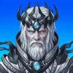  1boy ai-generated alternate_costume arbiter arch-arbiter armor blue_eyes chronicle_of_myers commentary_request crown death_knight_(warcraft) highres jo_shin_ogi male_focus old old_man pale_skin realistic robe shadowlands shinigami stellus_keirich underworld warcraft white_hair world_of_warcraft 