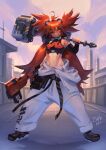  1girl absurdres ahoge animal_ear_hairband animal_ears artist_name asymmetrical_gloves bare_shoulders bear_ear_hairband bear_ears black_gloves black_shoes building cath_na cloud cloudy_sky commentary crop_top elbow_gloves english_commentary eyepatch fake_animal_ears fingerless_gloves flame_print full_body gloves hair_between_eyes hair_ornament hairband hammer highres holding holding_hammer jumpsuit jumpsuit_partially_removed koleda_belobog long_hair looking_at_viewer midriff navel outdoors red_eyes red_hair sharp_teeth shoes single_elbow_glove sky skyscraper smile solo sphere_hair_ornament standing teeth twintails uneven_gloves white_jumpsuit zenless_zone_zero 