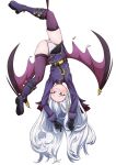 1girl absurdres black_gloves black_horns black_skirt blue_archive blush boots commentary_request demon_girl demon_horns demon_wings gloves highres hina_(blue_archive) horns kirisame0729 long_hair long_sleeves low_wings miniskirt multiple_horns panties purple_boots purple_eyes purple_wings skirt solo underwear upside-down very_long_hair white_hair white_panties wings 
