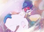  1boy :d beanie blue_mittens cetoddle commentary goggles grusha_(pokemon) happy hat high_collar jacket male_focus mittens open_mouth outdoors pokemon pokemon_(anime) pokemon_(creature) pokemon_horizons shigure_(pkmn12261485) smile snowing teeth upper_teeth_only yellow_jacket 