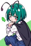  1girl antennae black_cape blue_pants blush cape chirisazame1 commentary_request dot_nose feet_out_of_frame frilled_sleeves frills from_above from_behind green_background green_eyes green_hair hair_between_eyes hand_up highres long_sleeves looking_at_viewer looking_back notice_lines open_mouth pants shirt short_hair simple_background solo squatting touhou turning_head two-tone_background white_background white_shirt wriggle_day wriggle_nightbug 