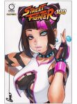  1girl artist_name athletic_tape bare_shoulders black_choker black_hair blue_eyes blue_nails blunt_bangs border breasts candy capcom choker commentary commentary_request copyright_name cover cropped_vest diagonal_bangs double_bun earrings english_commentary eyelashes fake_cover food hair_bun hair_horns han_juri hand_on_own_hip heterochromia holding holding_candy holding_food holding_lollipop jewelry large_breasts lips lollipop looking_at_viewer multicolored_hair nail_polish omar_dogan open_clothes parted_lips pink_hair protected_link purple_eyes scan signature simple_background solo spiked_choker spikes street_fighter street_fighter_6 traditional_media two-tone_hair udon_entertainment underboob upper_body vest white_background white_border white_vest 