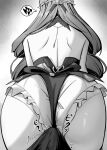  1boy 1girl absurdres ass backless_swimsuit bare_shoulders bulge commentary english_commentary erection erection_under_clothes frilled_one-piece_swimsuit frills from_behind greyscale heart highres long_hair monochrome official_alternate_costume one-piece_swimsuit pointy_ears shoulder_blades spoken_heart swimsuit tbbrian_1 vivian_banshee vivian_banshee_(iris_of_the_shore) white_one-piece_swimsuit zenless_zone_zero 