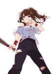  1girl absurdres agari_raburi bare_shoulders baseball_bat black_pants blood blood_on_clothes blood_on_face blue_eyes brown_hair closed_mouth colored_inner_hair commentary_request feet_out_of_frame floating_hair hair_ornament hairclip hand_up highres holding holding_baseball_bat long_hair multicolored_hair off-shoulder_shirt off_shoulder pants parallel_hairclips pink_hair ponytail project-sp shirt short_sleeves swept_bangs torn_clothes torn_pants torn_shirt v-shaped_eyebrows virtual_youtuber white_background white_shirt wristband wucandan_de_gangtanke 