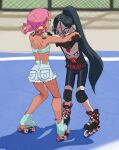  2girls absurdres anklet black_eyes black_hair black_nails black_shirt brand_name_imitation commentary constricted_pupils denim denim_shorts dork_(suwafro) double_bun elbow_pads femtanyl_(musician) full_body furrowed_brow glasses gloves hair_behind_ear hair_between_eyes hair_bun halter_shirt halterneck high_ponytail highres inline_skates jewelry knee_pads large_ears leggings long_hair multiple_girls off_shoulder original oshii_(suwafro) padded_gloves parted_hair pink_hair ponytail roller_skates round_eyewear scared shirt short_leggings shorts skates suwafro token_(femtanyl) untranslatable_commentary very_long_hair 