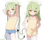  2girls aged_down ahoge anger_vein armpits black_tail blue_archive blush commentary cowboy demon_tail dress green_hair green_halo halo hands_on_own_hips highres hikari_(blue_archive) long_hair looking_at_viewer multiple_girls nozomi_(blue_archive) open_mouth presenting_own_armpit shirt short_shorts shorts simple_background speech_bubble sseopik standing tail thighhighs twintails twitter_username white_background white_thighhighs wispy_bangs yellow_dress yellow_eyes yellow_shirt 