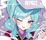  1girl aqua_hair ayapi006655 beta_(inazuma_eleven) blush commentary english_text hair_bun heart inazuma_eleven_(series) inazuma_eleven_go inazuma_eleven_go_chrono_stone japanese_clothes kimono long_hair one_eye_closed purple_eyes purple_veil red_kimono smile solo sparkle tongue tongue_out veil watermark white_background 