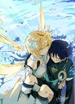  1boy 1girl :> anemo_symbol_(genshin_impact) aqua_kimono arm_at_side arm_cutout armor artist_name black_bodysuit black_bow black_bridal_gauntlets black_hair black_shorts blonde_hair blue_cape blue_flower blue_gem blue_trim blunt_ends bodysuit bow breasts bridal_gauntlets cape carrying chopgiu choppy_bangs closed_eyes closed_mouth clothing_cutout collarbone commentary covered_collarbone cracked_skin detached_sleeves dress english_commentary eyeliner feathers field flower flower_field flying furisode gem genshin_impact glowing_gem gold hair_flower hair_ornament halterneck hand_on_another's_thigh hand_on_another's_waist hetero highres injury japanese_armor japanese_clothes juban kimono kote kurokote leg_warmers looking_at_another lumine_(genshin_impact) makeup medium_dress multicolored_flower no_mouth one_eye_closed open_clothes open_kimono outdoors pom_pom_(clothes) princess_carry purple_rope red_eyeliner rope scaramouche_(genshin_impact) scarf short_hair short_hair_with_long_locks shorts shoulder_peek side_cape sidelocks sketch small_breasts vambraces vision_(genshin_impact) wanderer_(genshin_impact) white_dress white_flower white_kimono white_leg_warmers white_scarf white_sleeves white_trim wind yellow_eyes yellow_feathers 