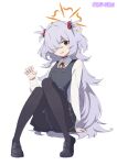  1girl artist_name black_pantyhose blue_archive brown_ribbon chinese_commentary claw_pose collared_shirt commentary_request dress eyeball_hair_ornament grey_hair hair_over_one_eye halo hand_up highres kanoe_(blue_archive) knees_up lemon_tea_(15058751917) long_hair long_sleeves looking_at_viewer multicolored_eyes open_mouth orange_halo pantyhose pinafore_dress ribbon scar scar_on_neck shirt simple_background sitting sleeveless sleeveless_dress solo two-tone_eyes two_side_up very_long_hair white_background white_shirt 