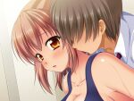  1boy 1girl aomi_riru blue_one-piece_swimsuit blush breasts brown_eyes brown_hair cleavage collarbone collared_shirt faceless faceless_male from_side game_asset hair_between_eyes hetero indoors large_breasts lips non-web_source official_art one-piece_swimsuit open_mouth ponytail raised_inner_eyebrows school_swimsuit school_uniform self-datamine shirt short_hair sidelocks standing swimsuit tan toriumi_hinata variant_set visual_novel_cg wet white_shirt yumemi_ga_cheek! 