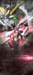  1girl absurdres advarcher bandeau black_jacket black_pants blue_eyes breasts commentary green_eyes gundam gundam_unicorn heterochromia highres hololive hololive_english horns irys_(hololive) jacket long_hair mecha midriff mobile_suit multicolored_hair navel nt-d open_clothes open_jacket pants pointy_ears purple_eyes purple_hair red_hair robot small_breasts streaked_hair unicorn_gundam v-fin virtual_youtuber white_bandeau 
