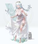  1girl bare_shoulders bikini bird bird_nest braid breast_milk_in_container breasts bumcha cleavage colored_eyebrows colored_eyelashes commentary_request dress flower flower_on_head goddess_of_victory:_nikke groin hair_lift half-dress highres huge_breasts lace-trimmed_bikini lace_trim leaf leaf_on_head long_hair low_twin_braids milking_machine mole nest nest_on_head no_panties official_alternate_costume official_alternate_hairstyle official_art one_eye_closed purple_eyes smile solo swimsuit thick_eyelashes thighs trina_(natural_white)_(nikke) trina_(nikke) twin_braids very_long_hair white_dress white_eyelashes 