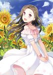  :d arms_behind_back brown_hair cloud cloudy_sky day dress floating_hair flower highres long_dress long_hair looking_at_viewer looking_back open_mouth original outdoors pink_eyes short_sleeves sky smile solo standing sundress white_dress wrist_cuffs yellow_flower yongheng_zhi_wu 
