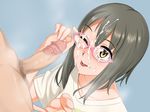  1girl ;p adjusting_eyewear blue_background blush brown_eyes brown_hair butakoma_300g censored closed_mouth clothed_female_nude_male collarbone cum cum_on_glasses cum_on_hair erection eyebrows_visible_through_hair facial fingernails glasses heavy_breathing hetero highres idolmaster idolmaster_cinderella_girls kamijou_haruna long_hair male_pubic_hair mosaic_censoring nose_blush nude one_eye_closed penis pink-framed_eyewear pubic_hair shirt short_sleeves simple_background testicles tongue tongue_out white_shirt 