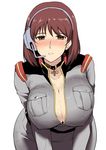  belt blush breasts brown_eyes brown_hair collar covered_nipples gundam gundam_lost_war_chronicles harukon_(halcon) headset highres huge_breasts leaning_forward looking_at_viewer military military_uniform noel_anderson parted_lips shiny shiny_skin short_hair simple_background solo sweat teeth uniform white_background 