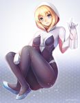  artist_name blonde_hair blue_eyes blush breasts character_request copyright_request eyebrows_visible_through_hair large_breasts looking_at_viewer marvel parted_lips short_hair smile solo spider-gwen spider-man_(series) umitonakai 