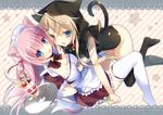  absurdres animal_ears bell bell_collar black_legwear blonde_hair blue_eyes blush breasts candy cat_ears cat_tail cleavage collar fish_hair_ornament food glass hair_ornament heterochromia highres holding holding_tray hood hoodie ice_cream large_breasts lollipop multiple_girls natsuki_marina open_mouth original parfait pink_hair pocky smile spoon sundae tail thighhighs tray white_legwear yellow_background yoruneko 