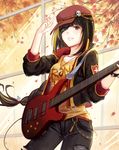  absurdres alternate_costume black_eyes black_hair blush breasts casual collarbone eyebrows_visible_through_hair eyepatch girls_frontline guitar hat highres holding holding_instrument instrument jewelry large_breasts long_hair looking_at_viewer m16a1_(girls_frontline) necklace parted_lips red_hat smile solo teeth xing_muhen 