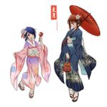  :d absurdres blue_hair candy_apple constellation_print fireworks_print flower food full_body geta hair_between_eyes hair_flower hair_ornament hair_up highres holding holding_umbrella japanese_clothes kimono kinchaku lavender_eyes long_hair long_sleeves looking_at_viewer multiple_girls obi open_mouth orange_eyes oriental_umbrella original pouch red_hair sash sekai_company short_hair smile syrinxwell311 tabi umbrella wide_sleeves yukata 