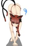  :3 all_fours animal_ears ass bangs bent_over bikini black_bow bow braid cat_ears cat_tail epic_armageddon foreshortening ghost hair_bow hair_over_shoulder highres kaenbyou_rin long_hair multiple_tails red_bikini red_eyes red_hair shadow shiny shiny_hair side-tie_bikini simple_background skull smug solo standing swimsuit tail thong thong_bikini touhou twin_braids two_tails uneven_eyes v_arms white_background 