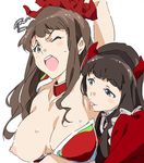  arm_up armor armpit_licking armpits bikini_armor bikini_top black_hair blush breasts brown_hair chain demon_horns detached_collar fake_horns gloves grey_eyes hairband horns iwasaki_shiho large_breasts licking long_hair looking_at_another morina_noa multiple_girls nipples one_breast_out one_eye_closed open_mouth red_gloves sweat sweatdrop umanosuke upper_body wake_up_girls! wince yuri 