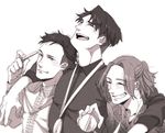  ^_^ arms_around_neck bad_id bad_pixiv_id boy_sandwich closed_eyes con_potata greyscale grin half_updo jean-jacques_leroy leo_de_la_iglesia male_focus medal monochrome multiple_boys open_mouth otabek_altin sandwiched smile tears yuri!!!_on_ice 