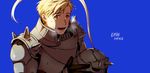  2017 alphonse_elric armor blonde_hair blue_background breath dated fullmetal_alchemist gloves headwear_removed helmet helmet_removed looking_at_viewer male_focus neung_woo open_mouth smile solo sweat text_focus yellow_eyes 