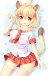  animal_ears ass_visible_through_thighs beige_legwear blonde_hair blush breasts eyebrows_visible_through_hair highres kemono_friends large_breasts lion_(kemono_friends) lion_ears lion_tail looking_at_viewer necktie parted_lips red_neckwear red_skirt short_hair skirt smile solo tail thighhighs umitonakai yellow_eyes 