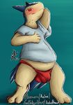  2017 3_toes asbel_lhant badger blush bulge claws clothing grin invalid_tag leaking looking_at_viewer male mammal mustelid nintendo pok&eacute;mon precum presenting red_eyes shirt simple_background smile solo toes typhlosion underwear video_games 